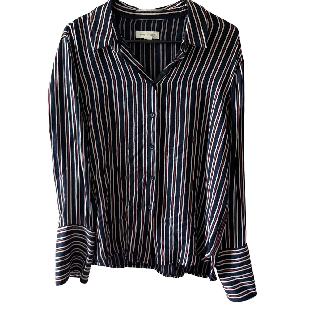 Treasure & Bond Womens Medium Navy Blue Red Striped Rayon Button Down Shirt